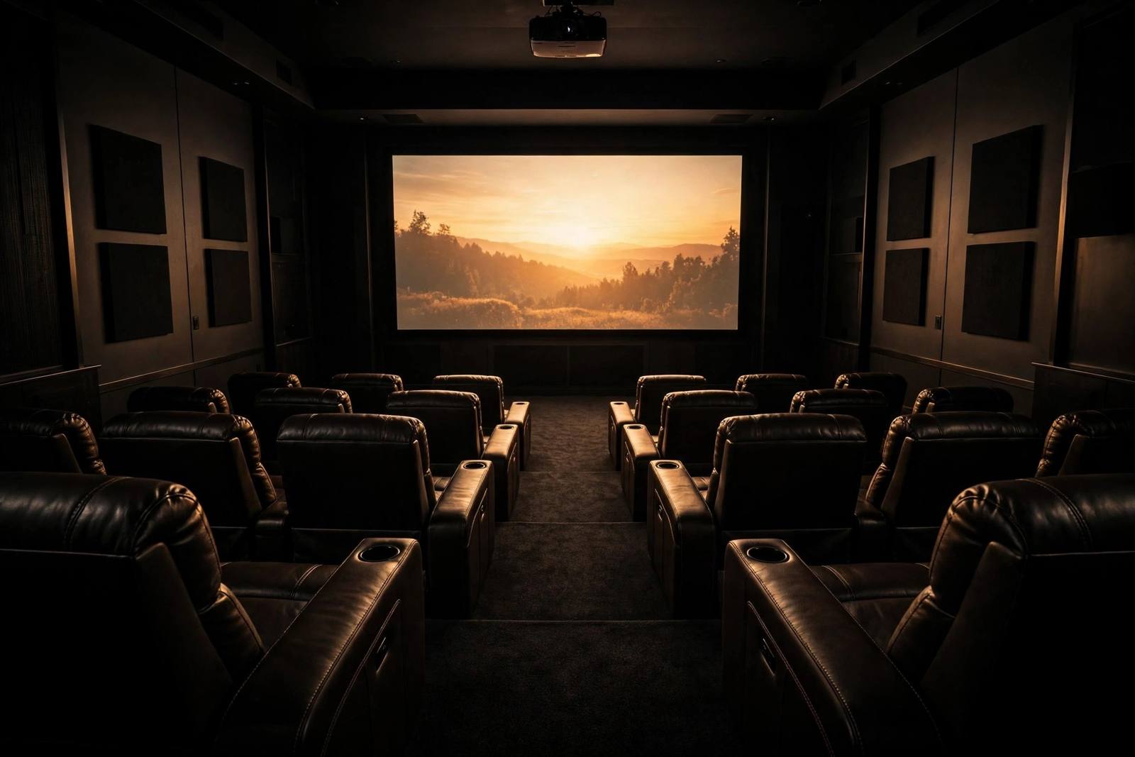 Dark home cinema room with a glowing projector screen and rows of recliner seats